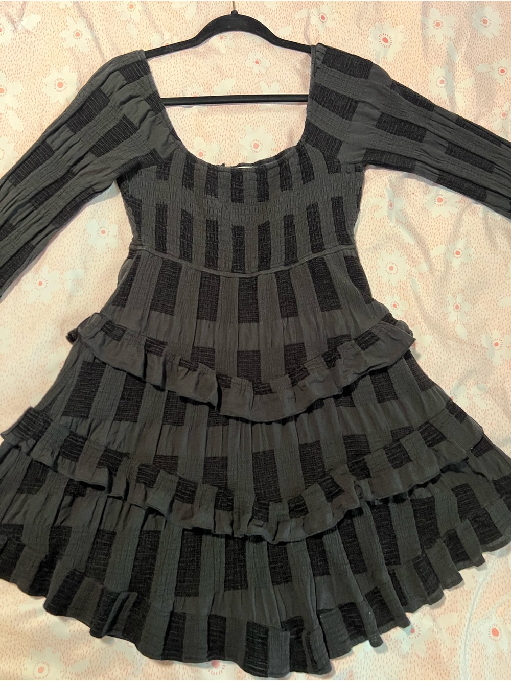 Altar'd State Black Charcoal Textured Tiered Ruffle Smocked Checker Mini Dress M